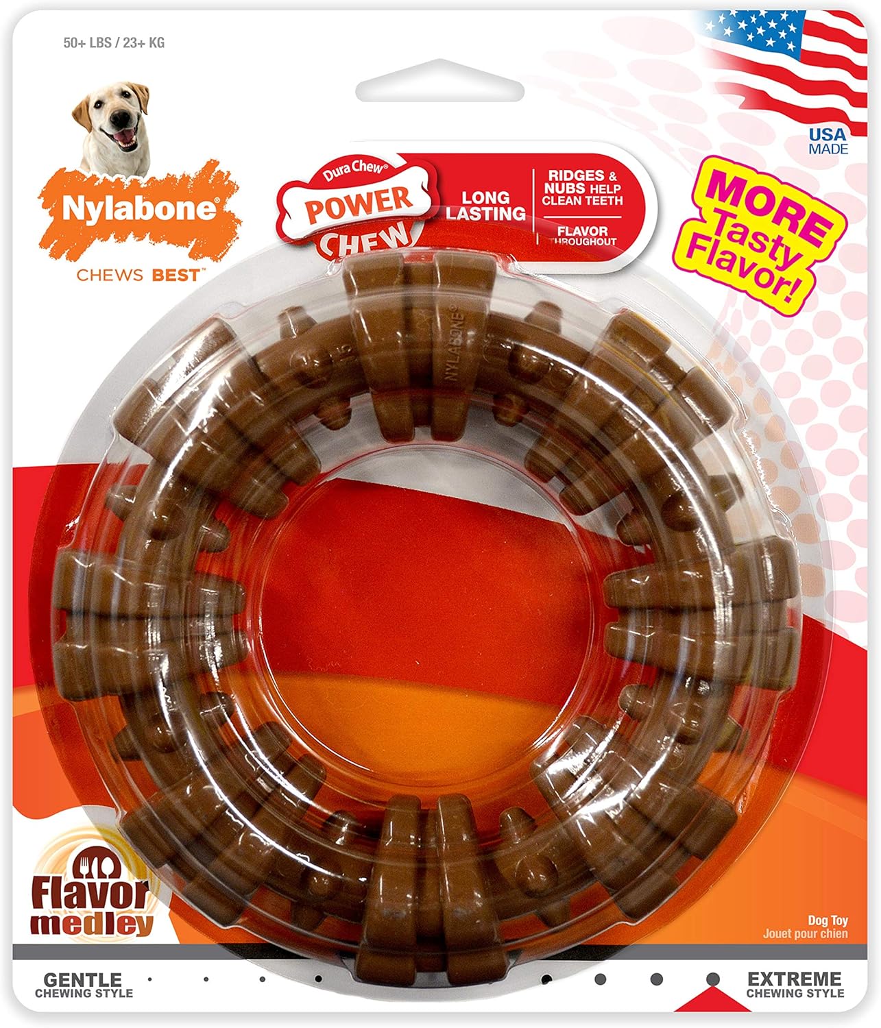 Nylabone Textured Ring Power Chew Toy for Dogs, Dog Toys for Aggressive Chewers, Flavor Medley, X-Large – 50+ lbs, 1 Count